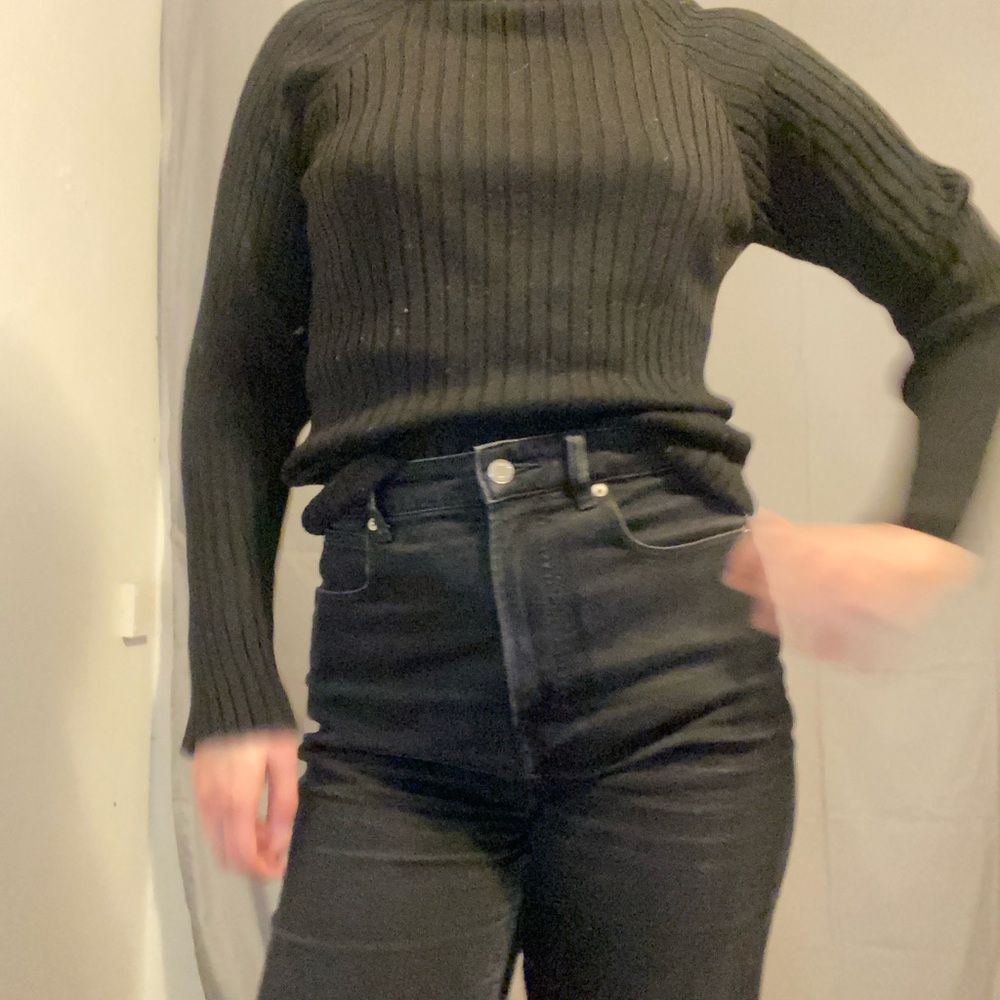 Black cotton wool blend ribbed sweater